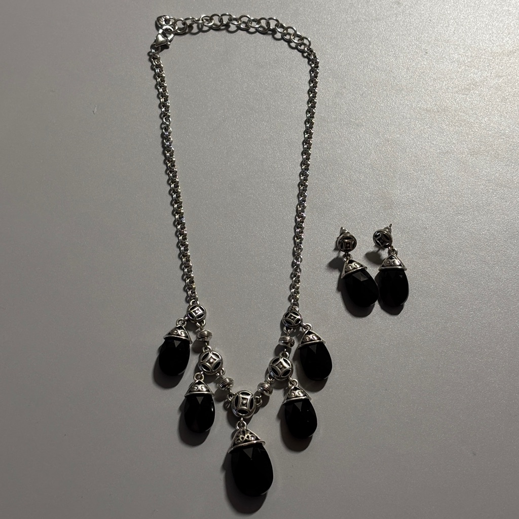 Brighton Serene Nights Necklace Earrings Set Black Faceted Glass Silver Plated